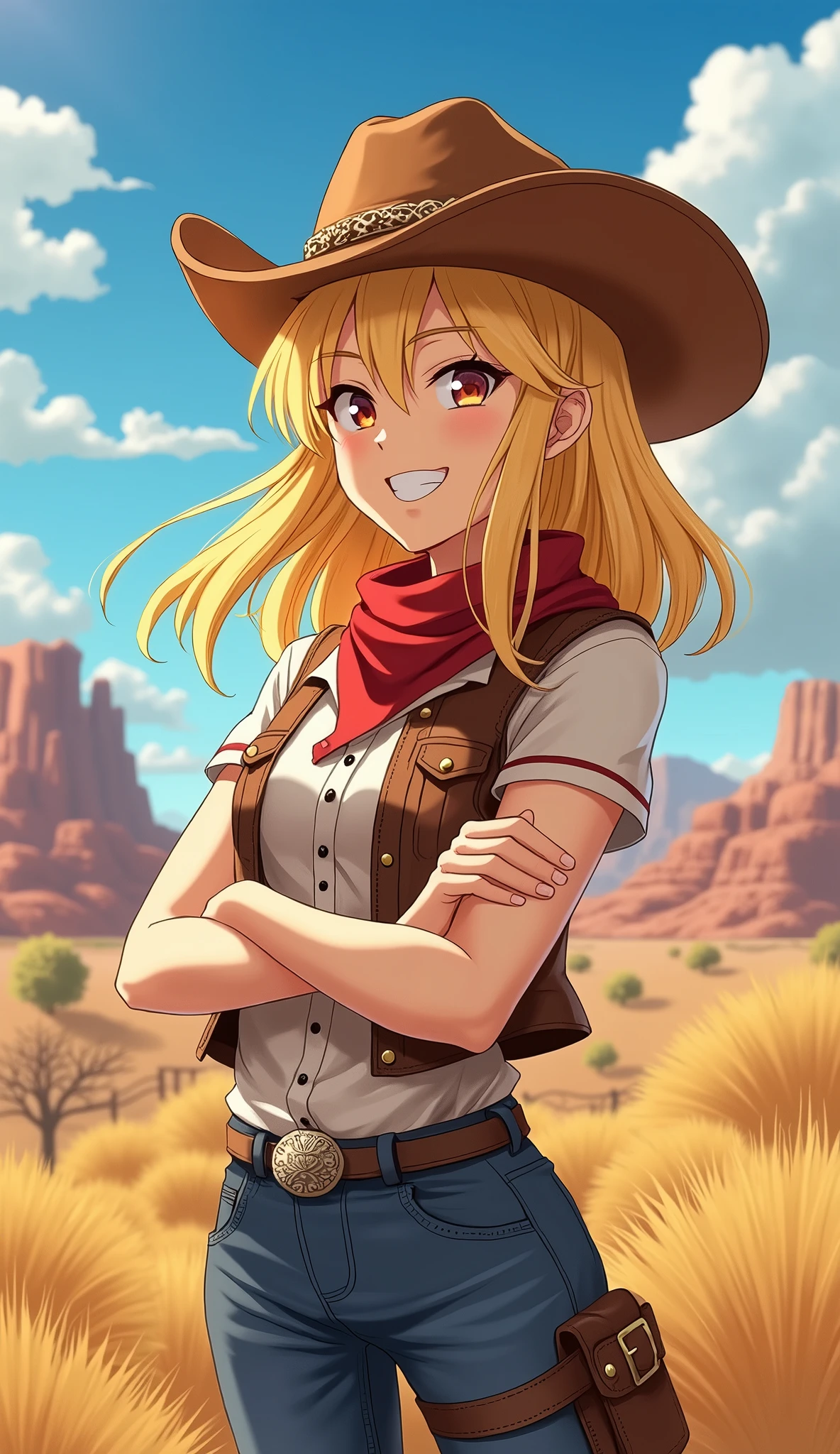 One person, chest, smile, Blonde, 大きなchest, Cowboy Shot, anime, High resolution, 最high quality, high quality, Textured skin, Shortcuts,