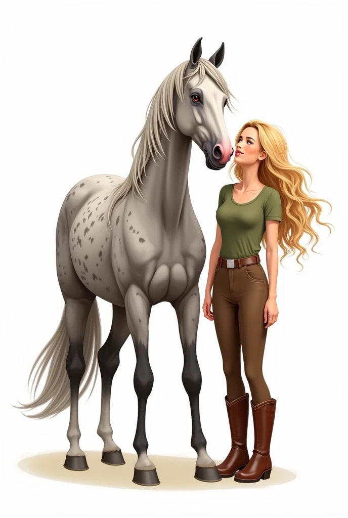 Illustration sur fond blanc. Un cheval gris pomelé gris-marron sur tout le corps et la tête, crins gris-marron clair, yeux marron, tâche rose sur le bout du nez à gauche. Il est en liberté à côté d’une femme aux cheveux longs, bouclés avec un ombré hair blond, yeux noisette, t-shirt vert kaki, pantalon d’équitation marron avec ceinture et boots marron
