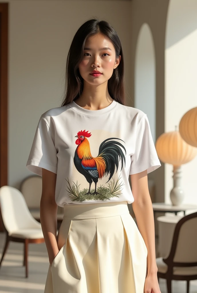 8k image of model wearing white T-shirt printed with Dong Ho painting - Vietnamese rooster. Cream colored stand-up skirt. Luxurious elegant style. Background with rice white walls, chairs, lamps