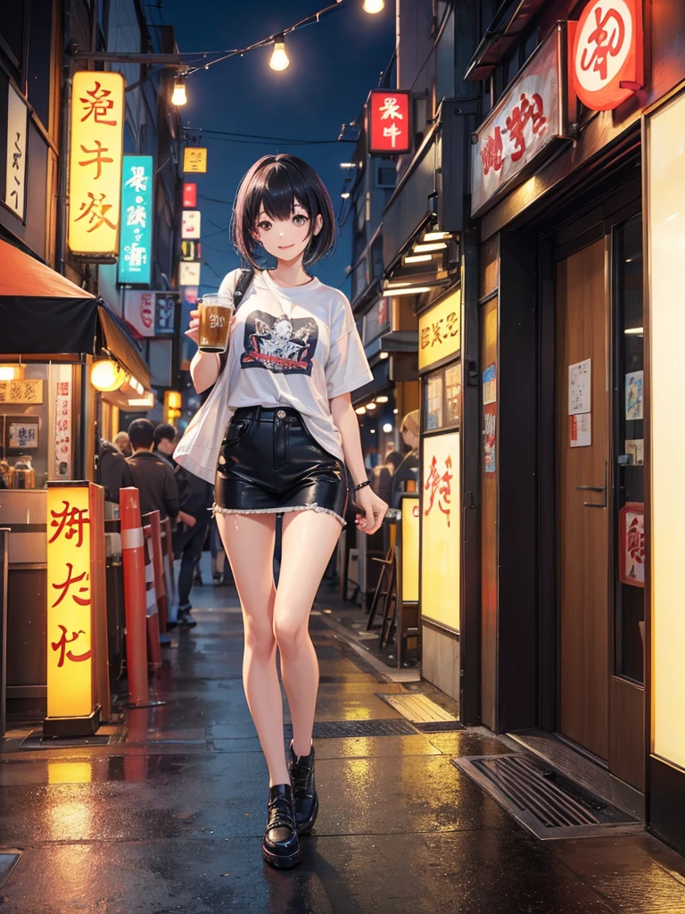 High resolution,Perfect Anatomy,Accurate anatomy,1 person ,Trending Hair,Trending Hair color,Trendy T-shirts,Summer Trend Fashion,Mr.々Style,Full Body

Future City Tokyo, comfortable, Modern Izakaya, Cheerfully holding a frosty mug of draft beer in both hands. she is smiling brightly, With a happy face. The city's neon lights and the izakaya's vibrant signboards are reflected in the glass windows. The girl has short black hair, Properly styled, and、Sporting a stylish jacket and shimmering accessories、Casual attire with a slight futuristic touch. The atmosphere around her is warm, Vibrant, and満ち溢れる喜び.