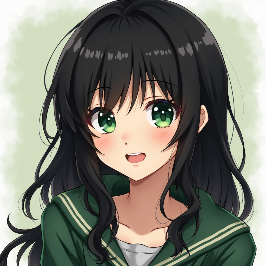 Black hair, green eyes, Japanese, nerdy