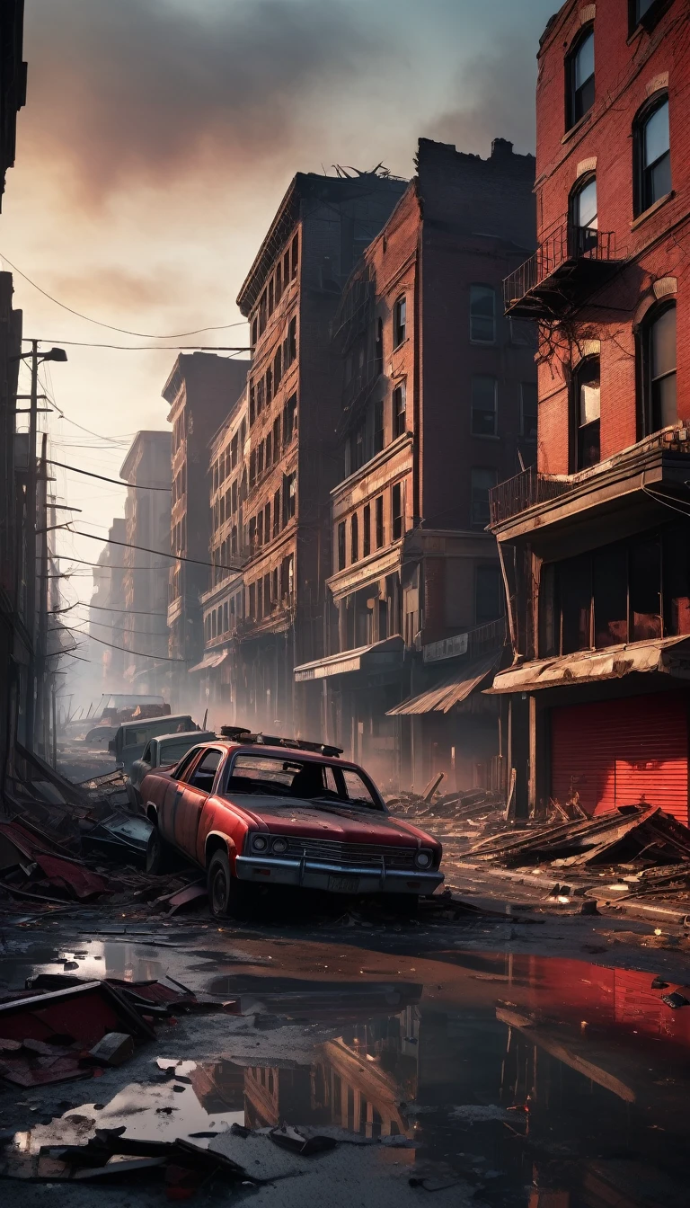  "Generate a wide-angle view of a post-apocalyptic city at dusk. The streets are empty, with overturned cars, broken windows, and debris scattered everywhere. The buildings are partially collapsed, and the sky is a deep, ominous red, casting long shadows. Smoke rises from distant fires, adding to the atmosphere of decay and destruction. The mood is dark, desolate, and eerie, with a sense of foreboding."
