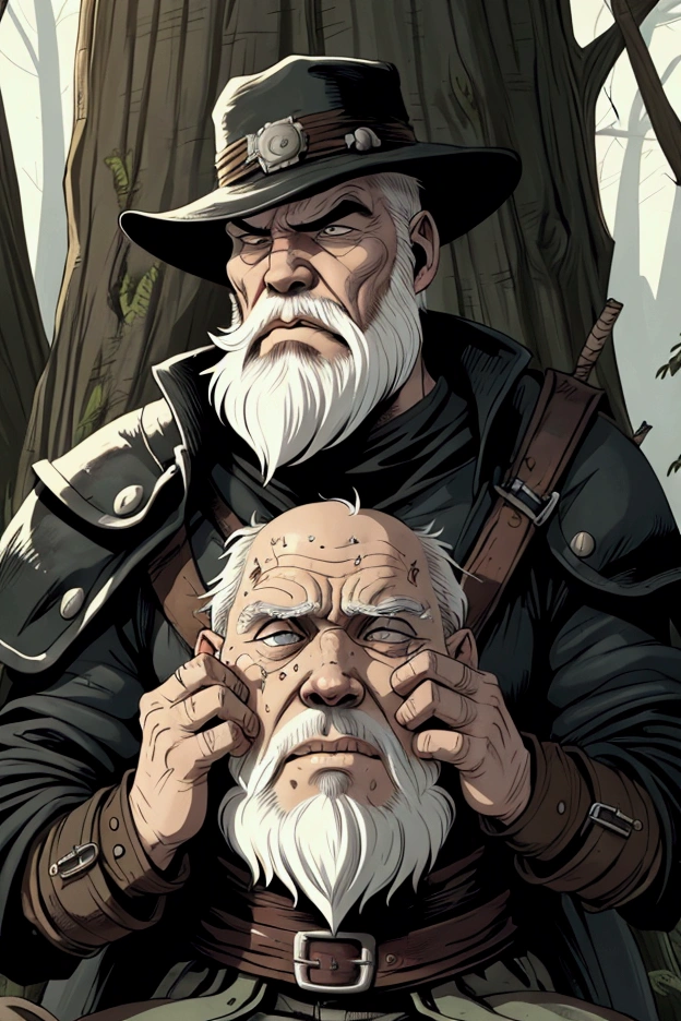 Create an image, RPG, few colors, retro, of an old man, captain, vicious, Furiosa, black hat, white bearded, killing a poor, weak man, Crybaby, nervous, tied to a tree. 