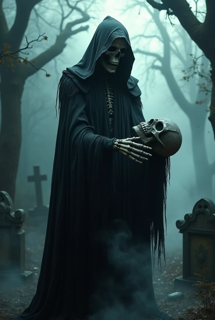 A skeletal being in a black hood, holding a severed head