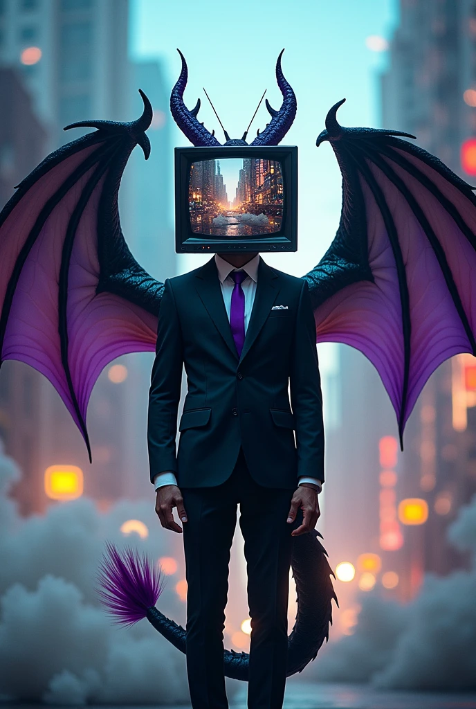 A man with tv head, blank screen and Ying yang colored sea dragon ears, 1 horn and 1 antena. Using a black suit and purple tie. Black and white colored dragon wings and purple tail, fierce