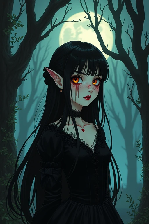 A vampire girl with chocolate brown eyes and long dark brown hair. She is against the backdrop of a dark forest. Small eyes and small heart-shaped lips. The girl is covered in blood. It's in the style of goth and tim bertchen. SHE HAS NO BANGS. Covered in blood and looks very creepy. anime style. Multifaceted Style of the Girl