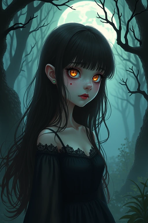 A vampire girl with chocolate brown eyes and long dark brown hair. She is against the backdrop of a dark forest. Small eyes and small heart-shaped lips. The girl is covered in blood. It&#39;s in the style of goth and tim bertchen. SHE HAS NO BANGS. Covered in blood and looks very creepy. anime style. Multifaceted Style of the Girl