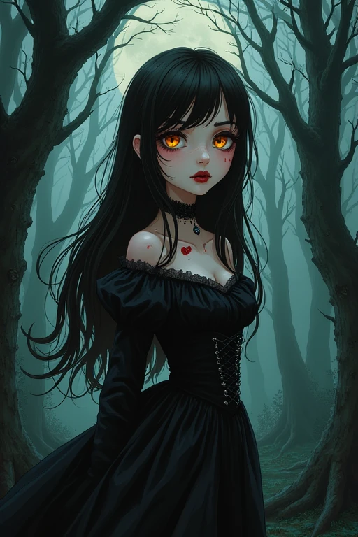 A vampire girl with chocolate brown eyes and long dark brown hair. She is against the backdrop of a dark forest. Small eyes and small heart-shaped lips. The girl is covered in blood. It's in the style of goth and tim bertchen. SHE HAS NO BANGS. Covered in blood and looks very creepy. anime style. Multifaceted Style of the Girl