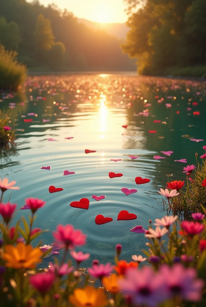 hearts in a very beautiful lake around flowers, no one, with hearts 