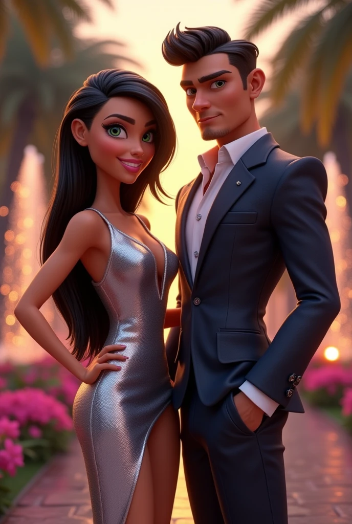 Couple with black hair, white-skinned woman, and tanned man in an animated 3D Bratz style dressed elegantly.