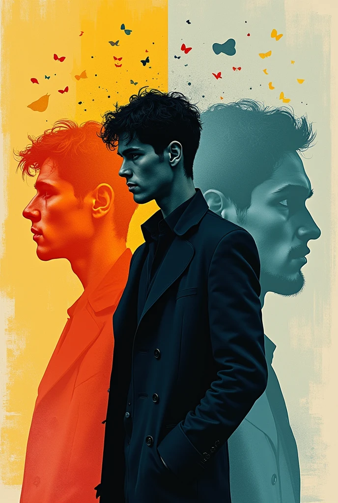 Create a book cover for a poetry book,
Which show three filters of the human life
Such as happy sad and fake,
Keep a dark comic vibe with minimalistic characteristics with a little mysterious man