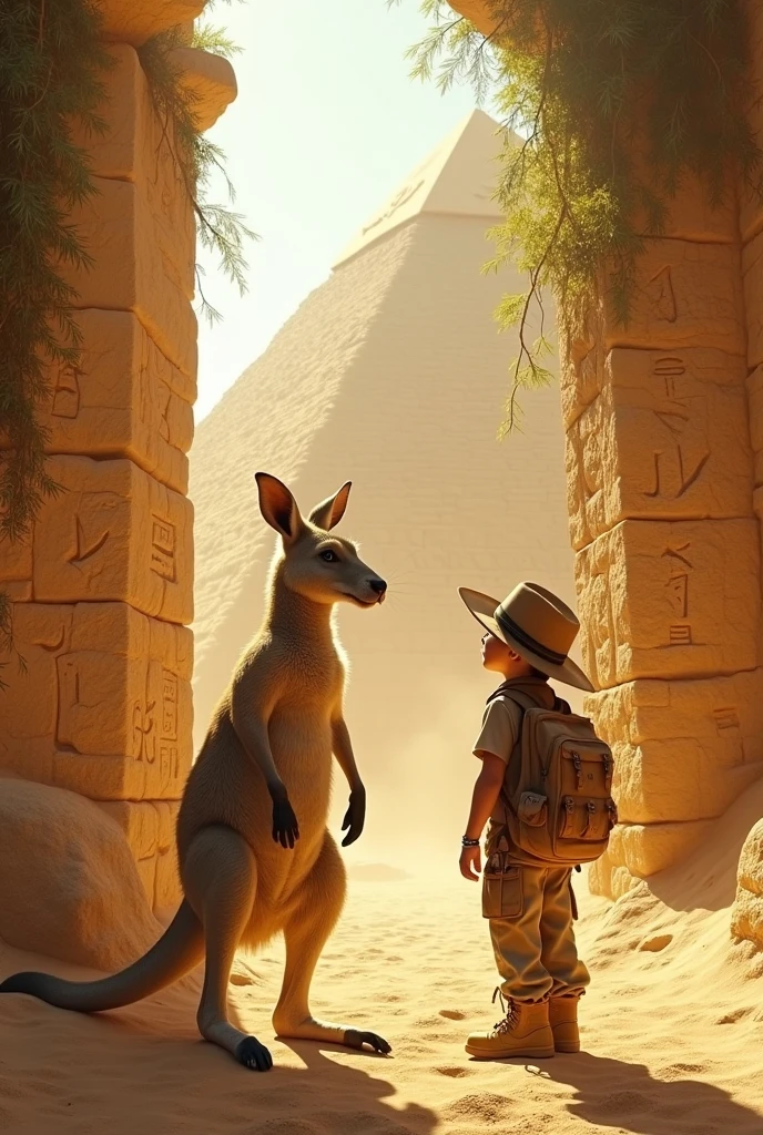  boy and giant kangaroo mother exploring pyramid ruins. not Disney Pixar style.