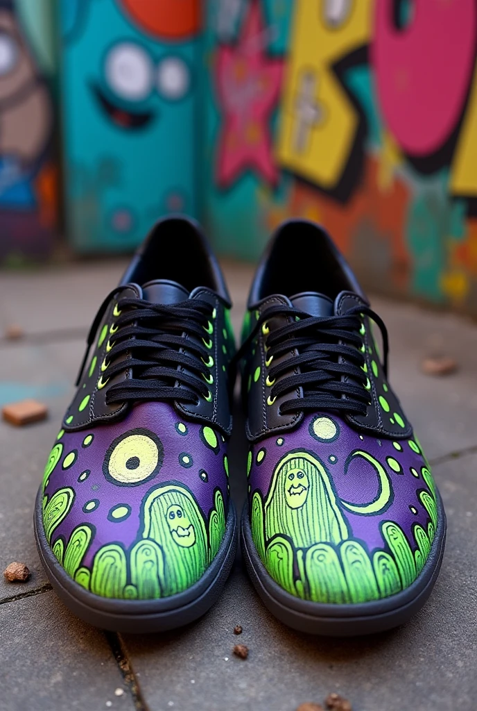 Create some hand-painted sneakers inspired by the movie Beetlejuice 2024, that it be a pop art inpiring