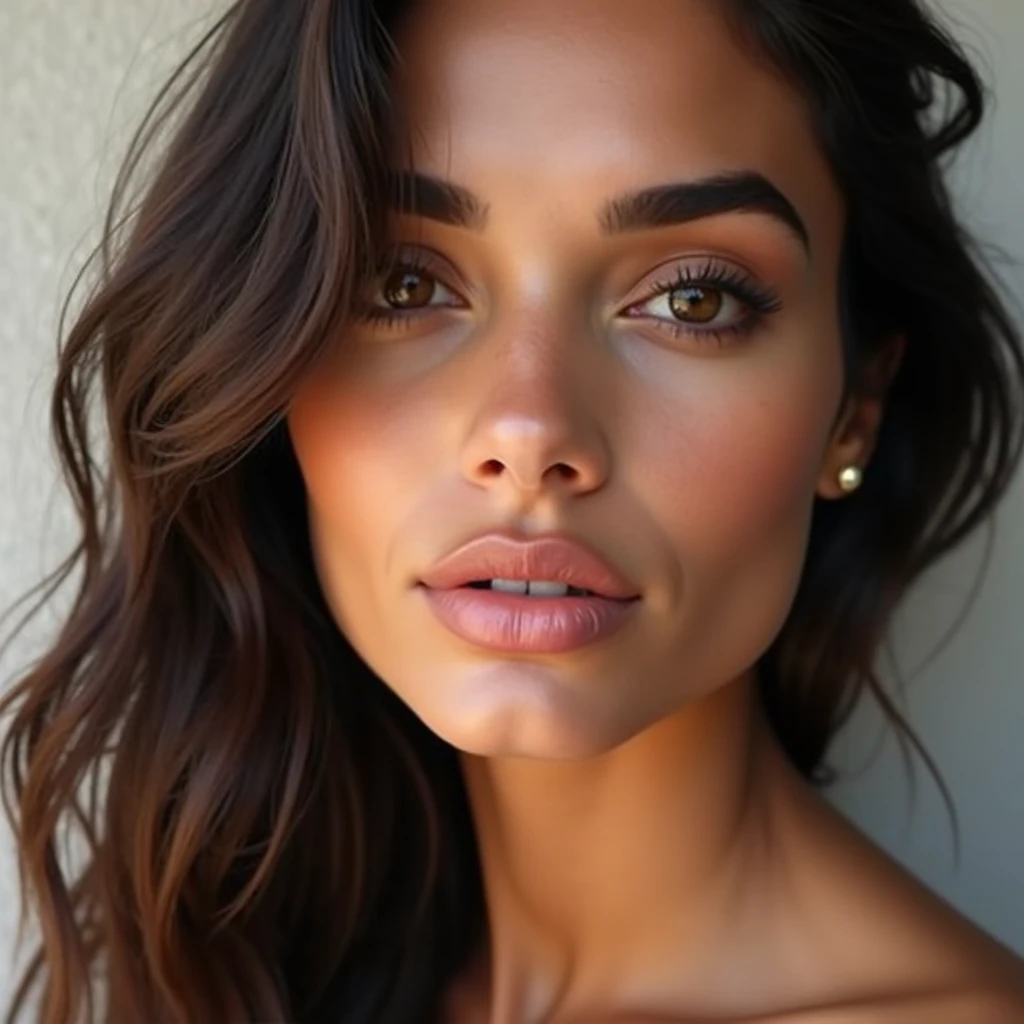 fais moi le visage de la mannequin emrata, She has full lips and brown eyes.