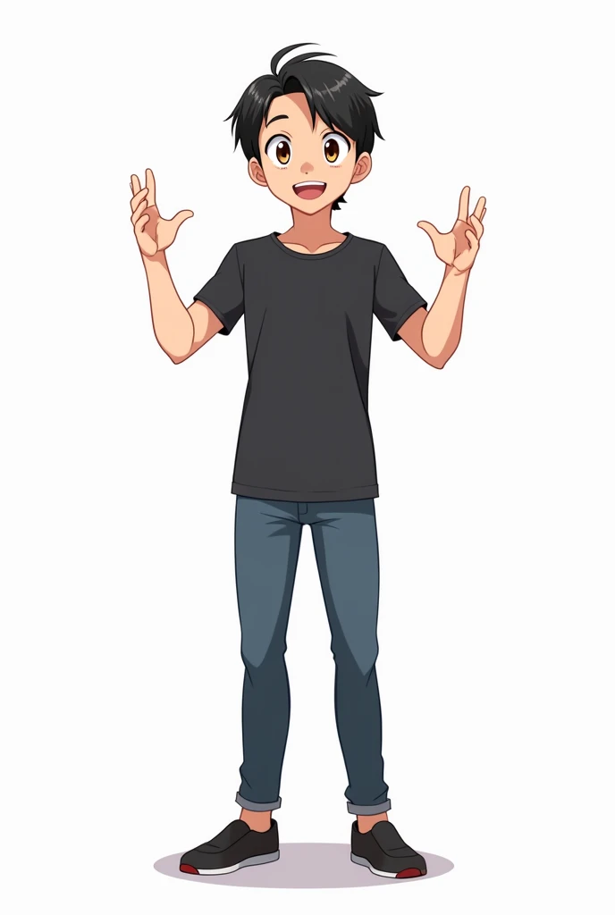 A simple 2d anime men character standing with black hair brown eyes hand in explaining gesture full body no background