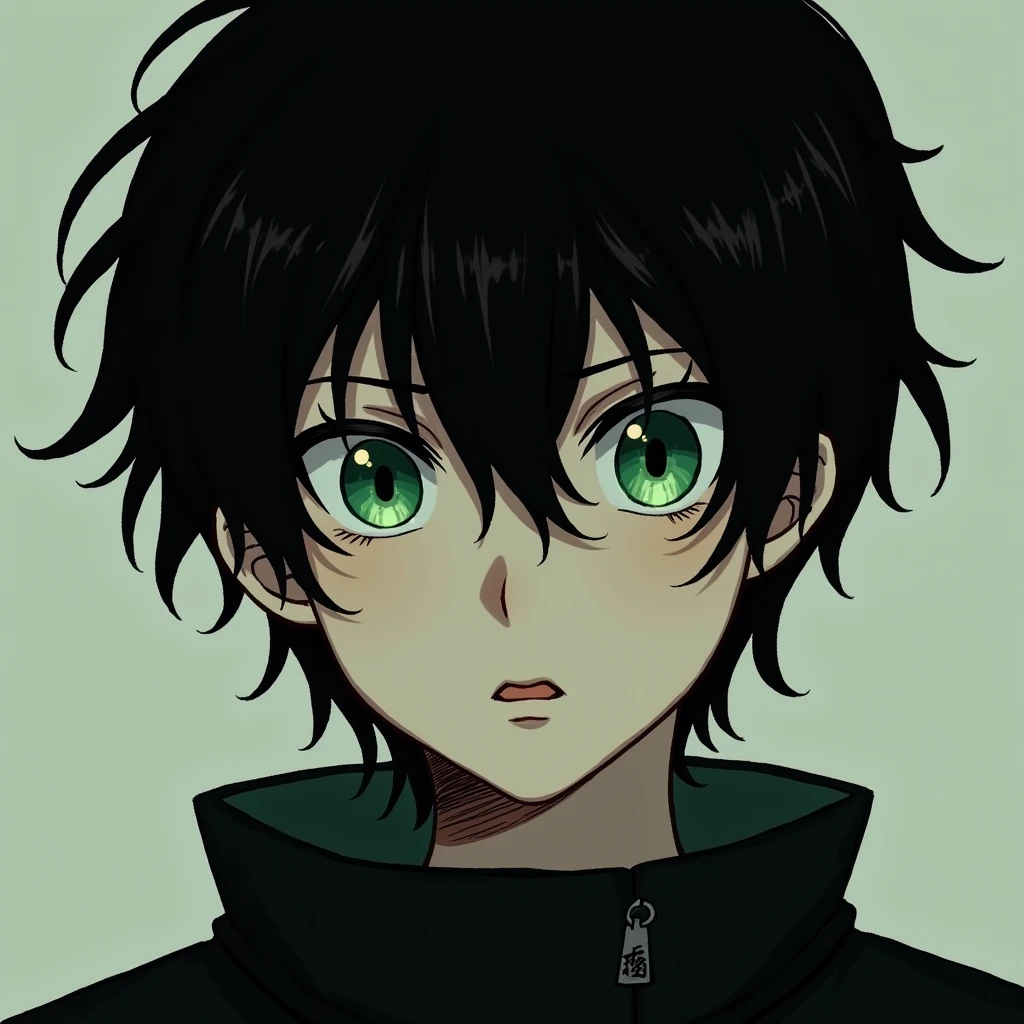 Black hair, green eyes, Japanese, gloomy guy