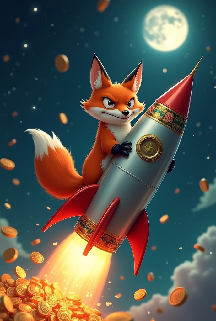 A fox,on a rocket, rocket shoots money, fox facing us, rocket facing a moon, Fox is cunning, fix is evil, rocket let's out money, fox is slim, fox is tibetan
