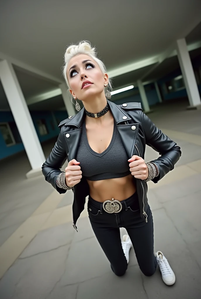 russian woman, platinum blonde hair in top bun ,with very light blue eyes, very pale, heavy eye shadows. Big eyes, smeared make up. Wearing black moto jacket, cropped metal band t-shirt , black skinny jeans and white tennis sneakers. Lots of metallic braceles and collars. Tacky leather belt with oversized buckle. Wide loop earrings. On her knees, spread legs, she looks up in fear thinking she's seeing God. Arms hanging, motionless. Point of view: from above