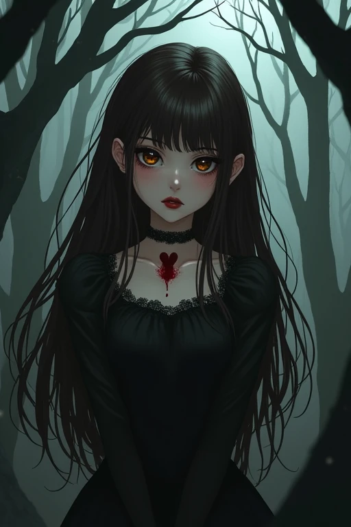 A vampire girl with chocolate brown eyes and long dark brown hair. She is against the backdrop of a dark forest. Small eyes and small heart-shaped lips. The girl is covered in blood. It's in the style of goth and tim bertchen. SHE HAS NO BANGS. Covered in blood and looks very creepy. anime style. Multifaceted Style of the Girl. SHE HAS NO BANGS