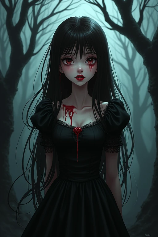 A vampire girl with chocolate brown eyes and long dark brown hair. She is against the backdrop of a dark forest. Small eyes and small heart-shaped lips. The girl is covered in blood. It&#39;s in the style of goth and tim bertchen. SHE HAS NO BANGS. Covered in blood and looks very creepy. anime style. Multifaceted Style of the Girl. SHE HAS NO BANGS