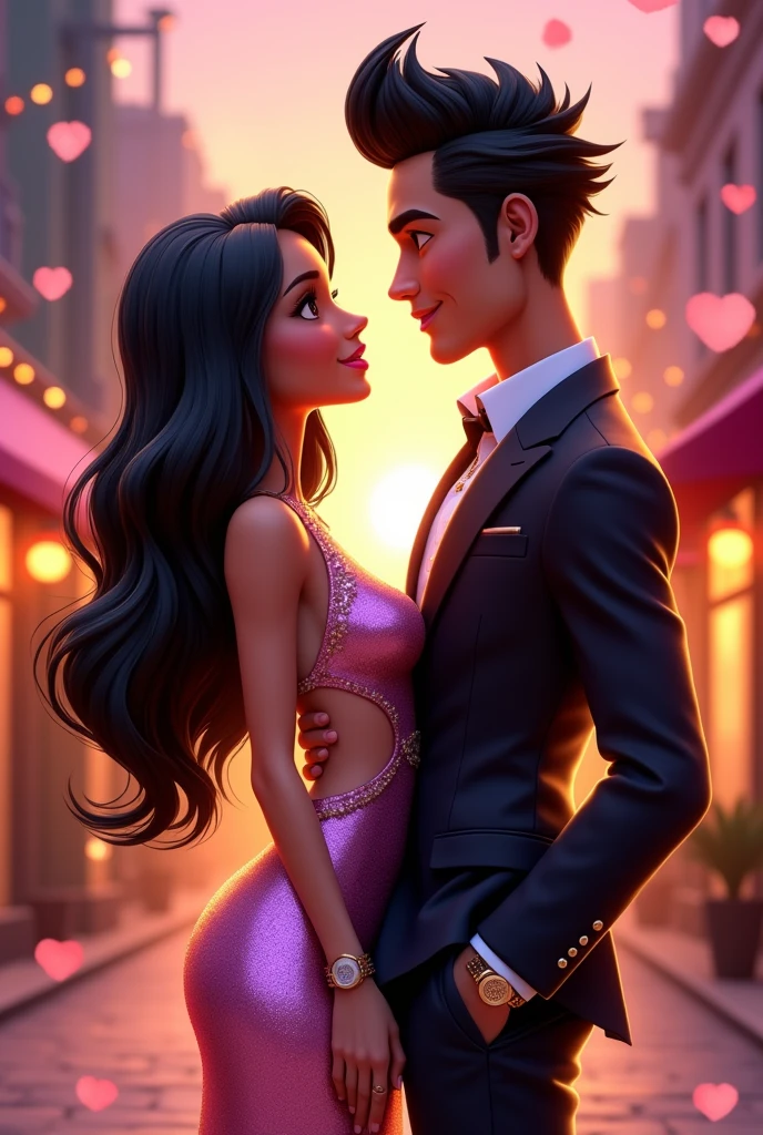 Couple with black hair, white-skinned woman, and tanned man in an animated 3D Bratz style dressed elegantly.