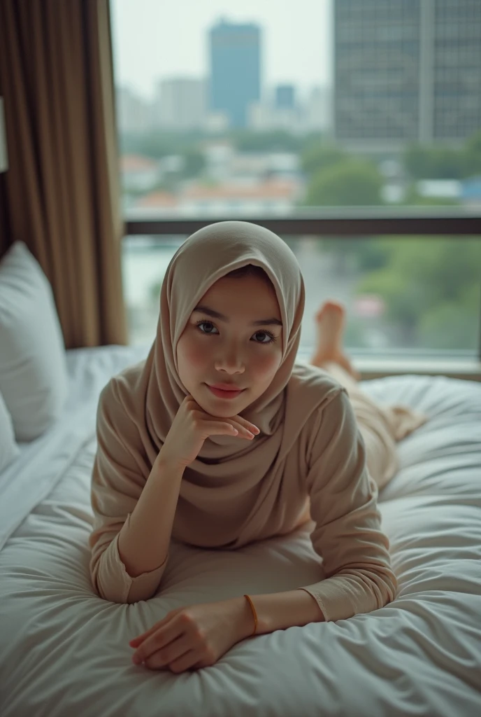 NSFW (masterpiece, top quality, best quality, extreme detailed, colorful, highest detailed, Dreamy Atmosphere, Bright color, real photo, real skin. Hyper realistic, 1girl, Malaysia  young girl, ((wearing hijab)), fair skin looking sharp to the viewer, detailed skin, city street background, slender body, lie down above view on a hotel's bed,  ((spreading legs,(showing vagina )), ((showing vagina)). morning time, big breasts. She's naked,  freely pose,  soft front studio lighting, whole body