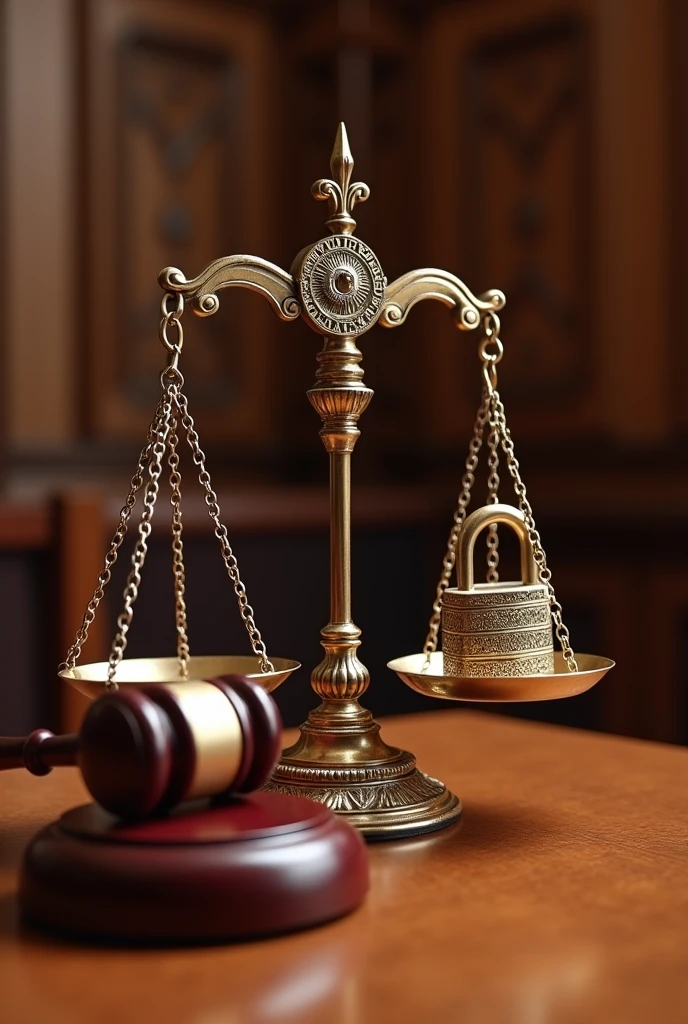 A balanced scale of justice with a judge's gavel placed next to it. On one side of the scale, there could be a symbol representing "acquittal" or "conviction," and on the other side, a locked padlock symbolizing protection against double jeopardy. The background could be a courtroom setting, emphasizing the legal context.