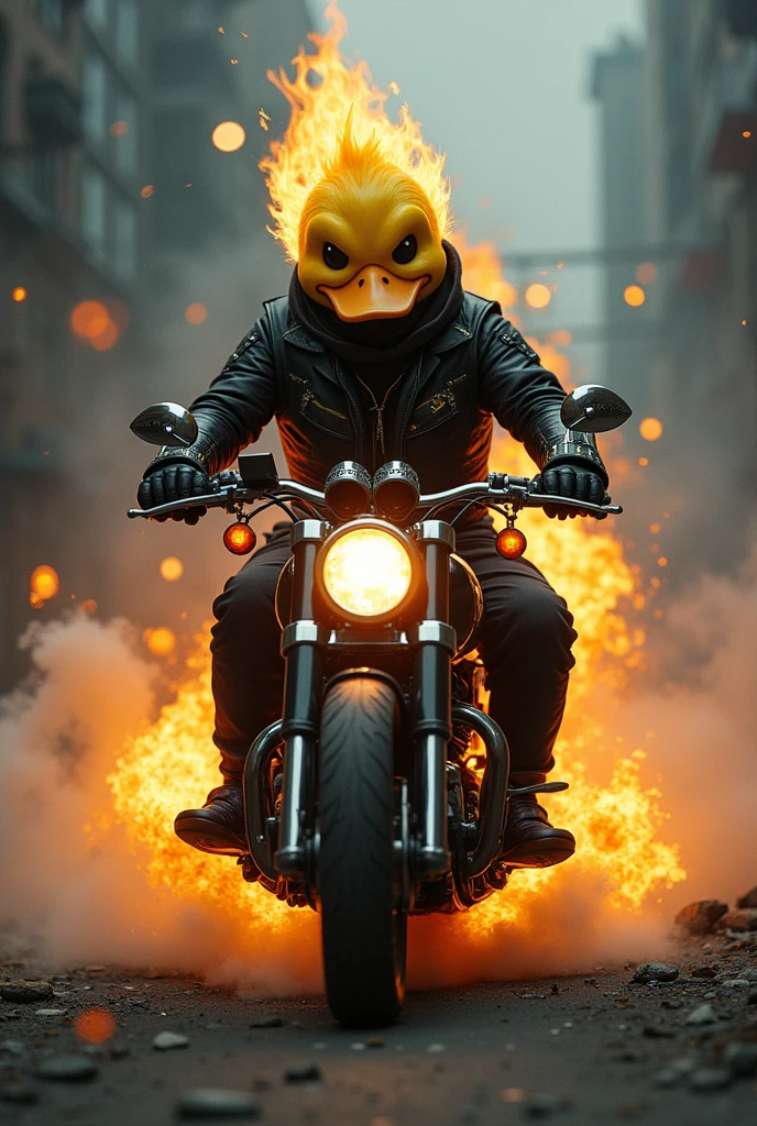 Create a character in the style of the Ghost Rider,
Duck-headed 