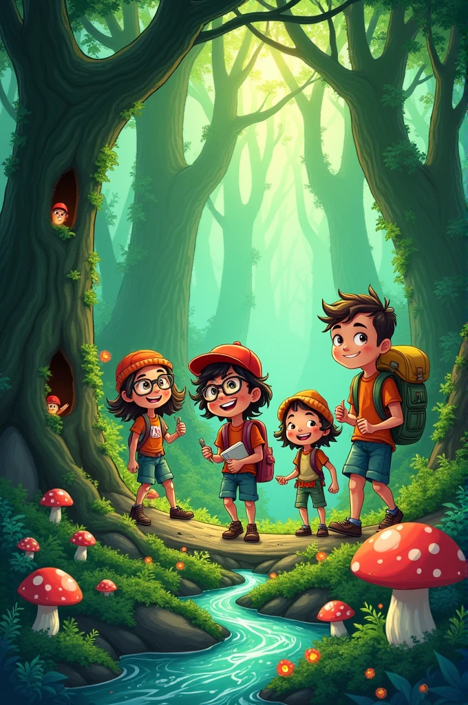 Generate a comic about children going on an adventure in the forest