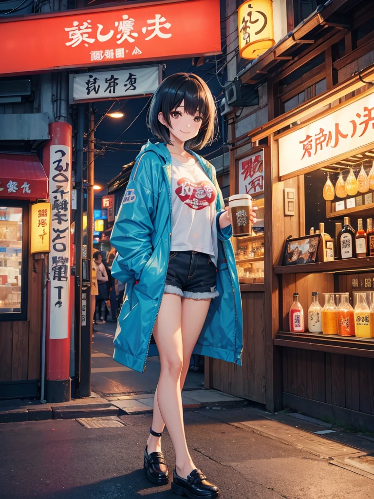High resolution,Perfect Anatomy,Accurate anatomy,1 person ,,Trending Hair,Trending Hair color,Trendy T-shirts,Summer Trend Fashion,Mr.々Style,Full Body
Future City Tokyo, comfortable, Modern Izakaya, Cheerfully holding a frosty mug of draft beer in both hands. she is smiling brightly, With a happy face. The city's neon lights and the izakaya's vibrant signboards are reflected in the glass windows. The girl has short black hair, Properly styled, and、Sporting a stylish jacket and shimmering accessories、Casual attire with a slight futuristic touch. The atmosphere around her is warm, Vibrant, and満ち溢れる喜び.