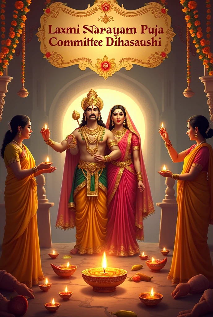 generate a photo of Laxmi Narayan with the caption Laxmi Narayan Puja committee Dihasahi