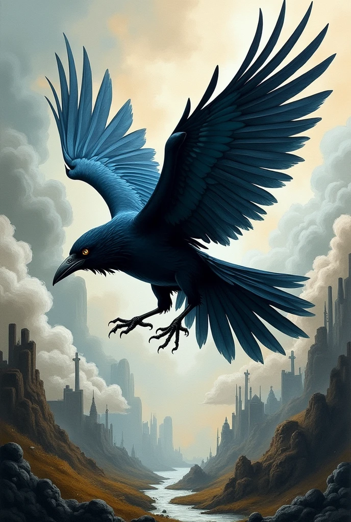 Mixed media artwork + black/blue Raven + in flight + In the style of surrealist expressionism, muted color scheme, dreamlike atmosphere, abstract and distorted forms --ar 2:3 --s 999 --v 6 Midjourney --v 6