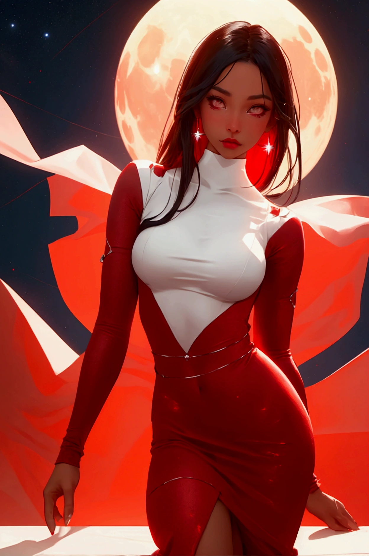 1 person, Beautiful Face, ((White eyes)), Sexy pose, Red moon in the background, performer, space, (Lightroom:1.13), Russ&#39;s outfit, (Natural skin texture:1.2), (Hyperrealism:1.2), Sharp focus, Focused,[[Realist]]