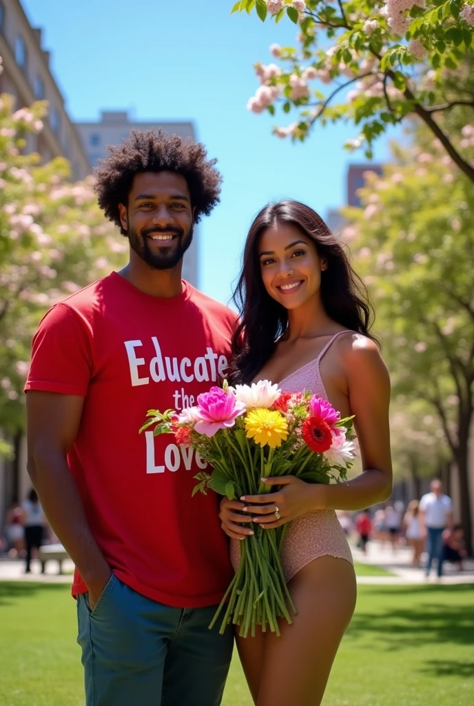 make a picture of a man with curly hair, a bit fat with a tall body and tanned skin, wearing a red T-shirt with writing on it "Educate the Lover" bringing flowers with a beautiful tall woman with a 34f chest wearing lingerie