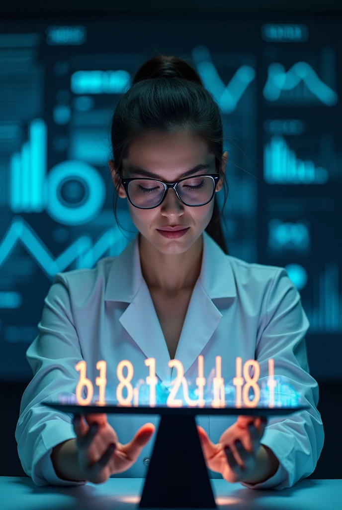 create a image for Data Fabrication: A visual metaphor showing Dr. Emily altering data, like changing numbers on a computer screen or a scale tipping as she adds false data. like a data manipulating without saclers