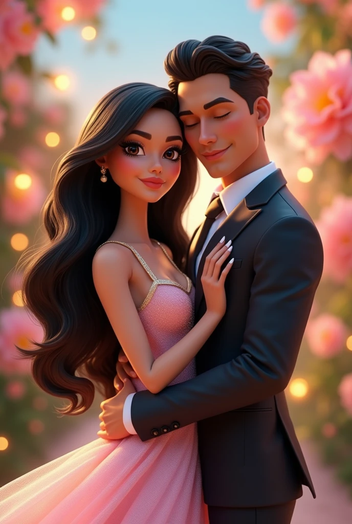 Couple with black hair, white skin woman and tanned man in an animated 3D Barbie style, dressed elegantly