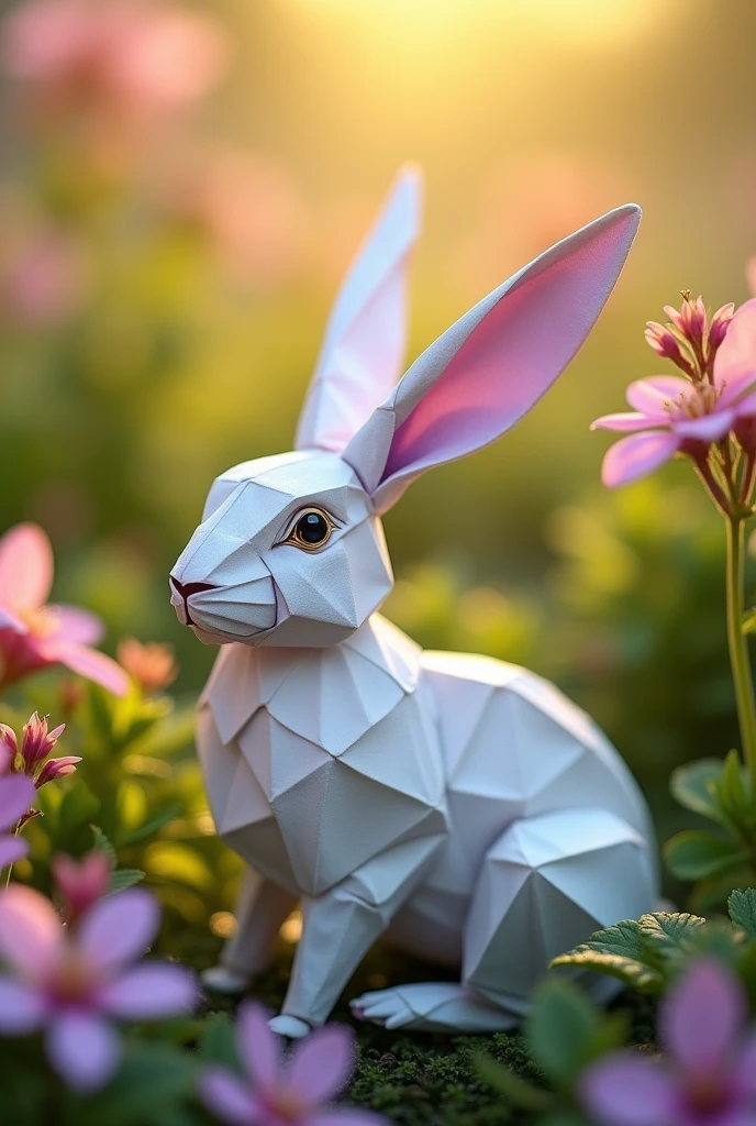 White origami rabbit sitting with gold accents, having lilac ears.