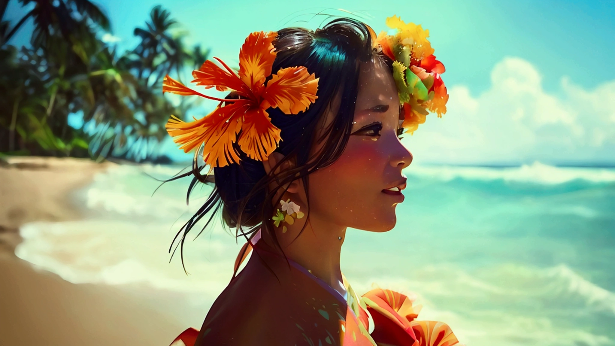 A beautiful woman in a kimono dancing hula on a palm tree beach。Hibiscus adornment on her head。Tropical South Seas、Sunny weather in summer、looks fun。Funny day。Resort vacation。