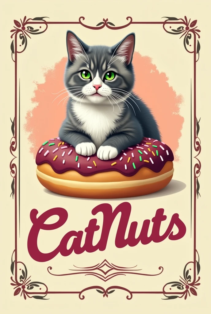 Create a vintage logo with the name CatNuts below the Donuts with a Donut and a gray and white Siberian cat on top vintage