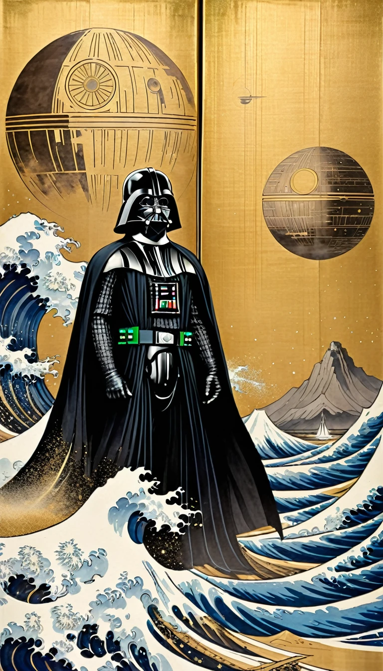 masterpiece,Folding screen depicting Tarz Vader and the Death Star,Japanese paintings drawn with ink and water,(Beautiful gradation created by layering),(Tarashikomi technique),(Gold Dust Base),(dynamic)