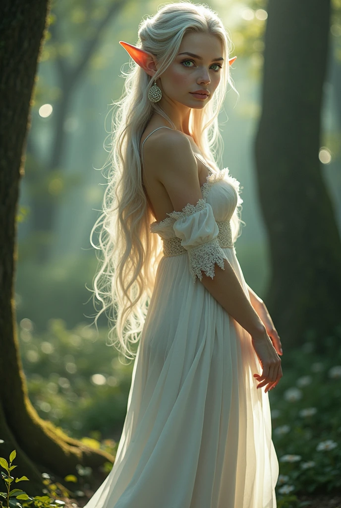 An elf woman wearing a white dress looking at the camera