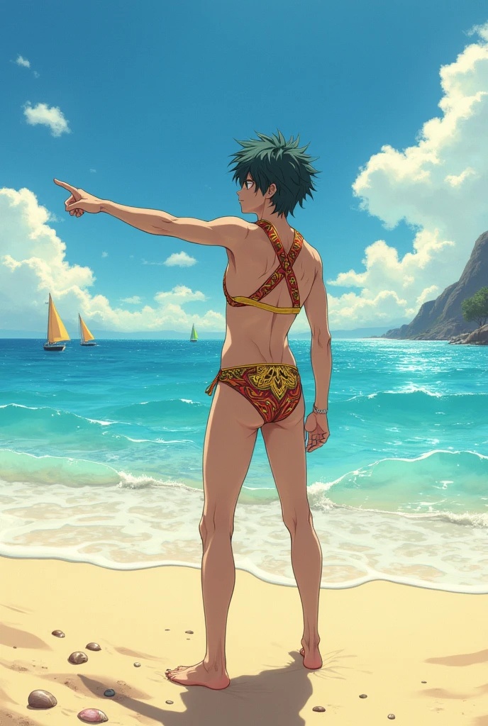 Eren Jäger pointing at the sea while wearing a Bikini