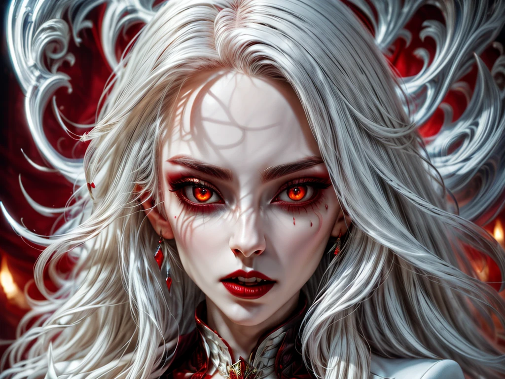 a portrait of vampire with a bloody tear coming down from he eye, an exotic beautiful female vampire, red hair color, dynamic hair style, ultra detailed face, best detailed face, silver eye color, ((1single red teardrop: 1.3)), ((tear drop made from blood)), ((teardrop coming down from the eye: 1.3)), small cleavage, wearing two black diamond earrings, Ultra-high resolution, High Contrast, (masterpiece:1.5), highest quality, Best aesthetics), 16K fantasy art, best details, best quality, highres, (ultra wide angle: 1.2), 16k, [ultra detailed], masterpiece, best quality, (extremely detailed),  Daily-Challenge, vampire
