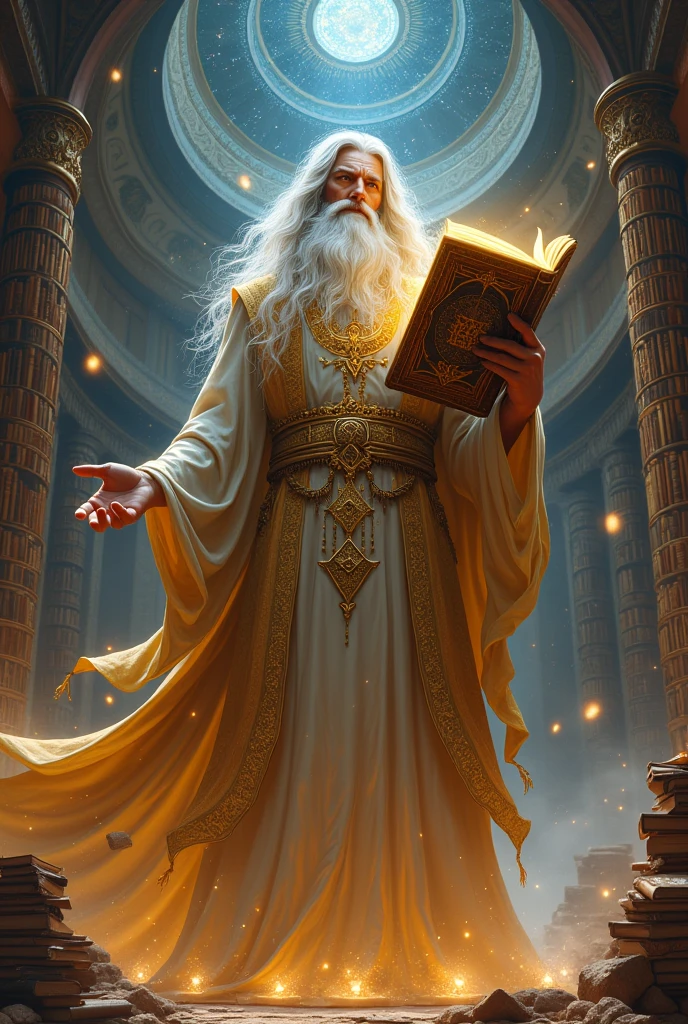 Create a god that has powers of knowledge holding a book full body