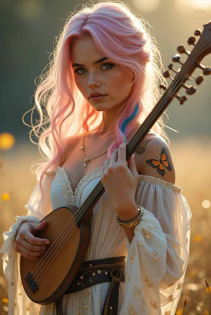 A very beautiful girl, Young and sexy with extremely pink hair with blue streaks. Her skin is white and delicate and has golden butterflies scattered that are like tattoos, besides her body being covered in a shiny golden powder, your eyes are silver, She is noble e possui vestes chiques e elegantes porém é uma aventureira filha de uma fada, She is noble, She is also a bard and loves music, She's always with her delicate lute, besides carrying her beautiful sword, Because she is a bard, she is always with her lute in hand and her beautiful sword sheathed.