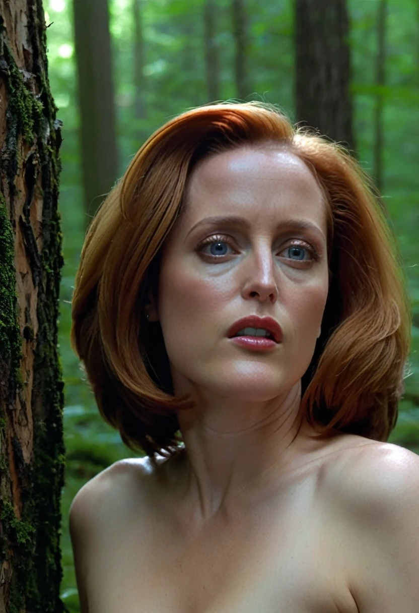 Gillian Anderson as Dana Scully, long hair,  orgasm face, fuck, in the woods near a spaceship, nude