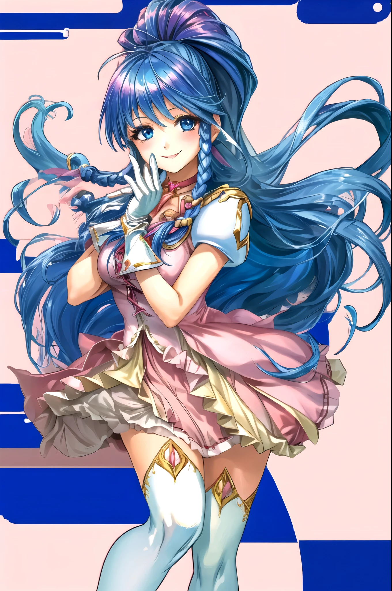 tana_fe, skirt, white thighhighs, white gloves, pauldrons, pink dress, 1girl, cowboy shot, gloves, smile
