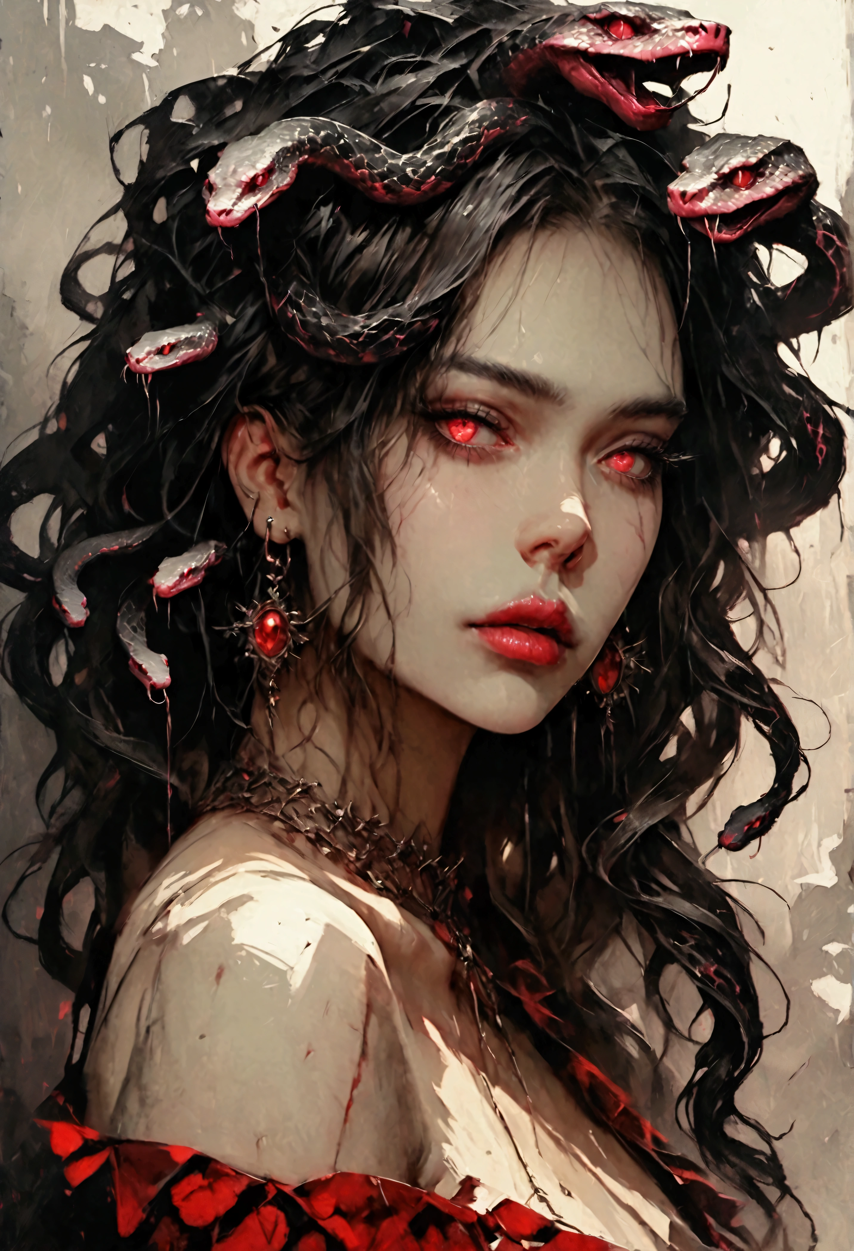 Realistic Digital Painting with Concept Art Elements"," digital painting," "concept art," "realistic," "high detail", "muscular",, "high-res", "ominous aura,", "8k resolution", "oil painting", "darker tone" , "dark saturation" ,"dark feeling", "concept art" , "detailed features" , "detailed eyes" , "1women, "medusa" , "snake hair" , "beautiful" , slit snake eyes" , "dangerous" , "Greek maroon dress", "lips slightly parted"