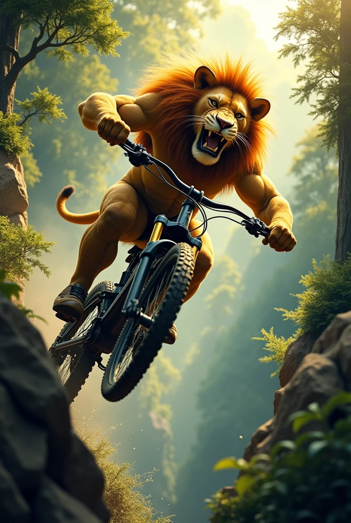 Create an exhilarating scene featuring an anthropomorphic lion with a powerful, muscular build, riding a mountain bike as it soars off a cliff in the middle of a dense jungle. The lion is mid-air, captured in a dynamic, action-packed moment, with its mane flowing wildly in the wind. The lion’s face is filled with excitement and adrenaline, with its mouth open in a triumphant roar as it looks directly at the camera. The bike is sleek and rugged, designed for extreme sports, with its wheels lifted off the ground, emphasizing the intensity of the jump.

The background is a vibrant, lush jungle, with tall trees and thick foliage, adding to the sense of adventure and danger. The sunlight filters through the canopy, casting dramatic shadows and highlights on the lion and the bike, enhancing the feeling of motion and energy. The overall image is thrilling and full of life, combining the raw power of the lion with the daring spirit of extreme sports.