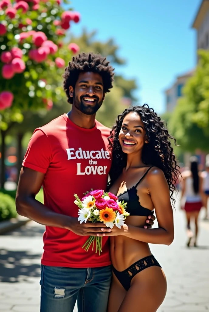 make a picture of a man with curly hair, a bit fat with a tall body and tanned skin, wearing a red T-shirt with writing on it "Educate the Lover" bringing flowers with a beautiful tall woman with a 34f chest wearing lingerie